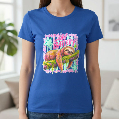 Low Battery Sloth T-Shirt & Sweatshirt in Royal, worn, our photo