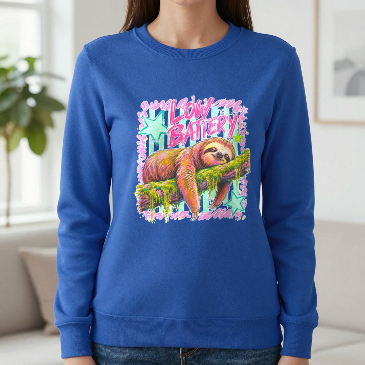 Low Battery Sloth T-Shirt & Sweatshirt in Sapphire, worn, our photo