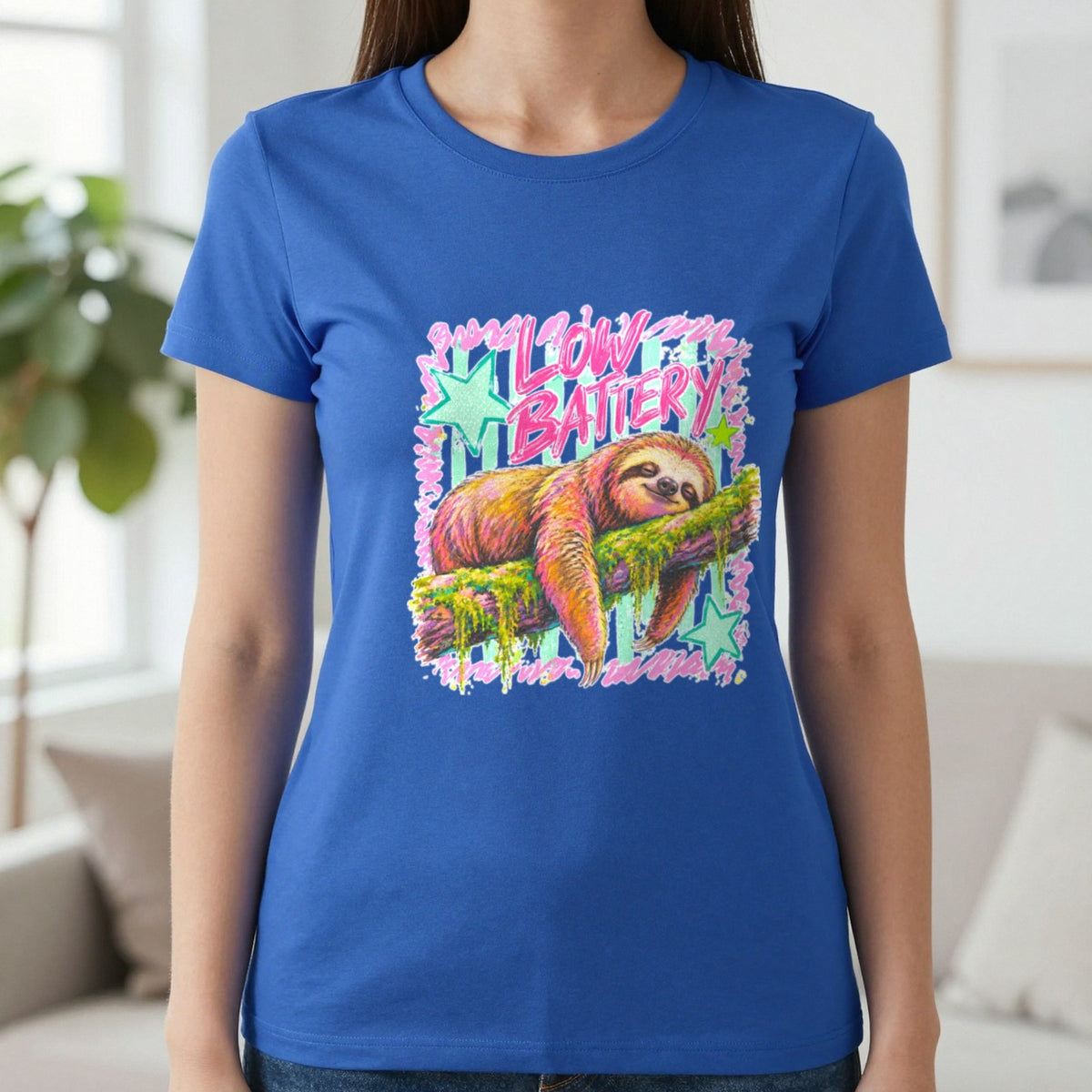 Low Battery Sloth T-Shirt & Sweatshirt in Sapphire, worn, our photo