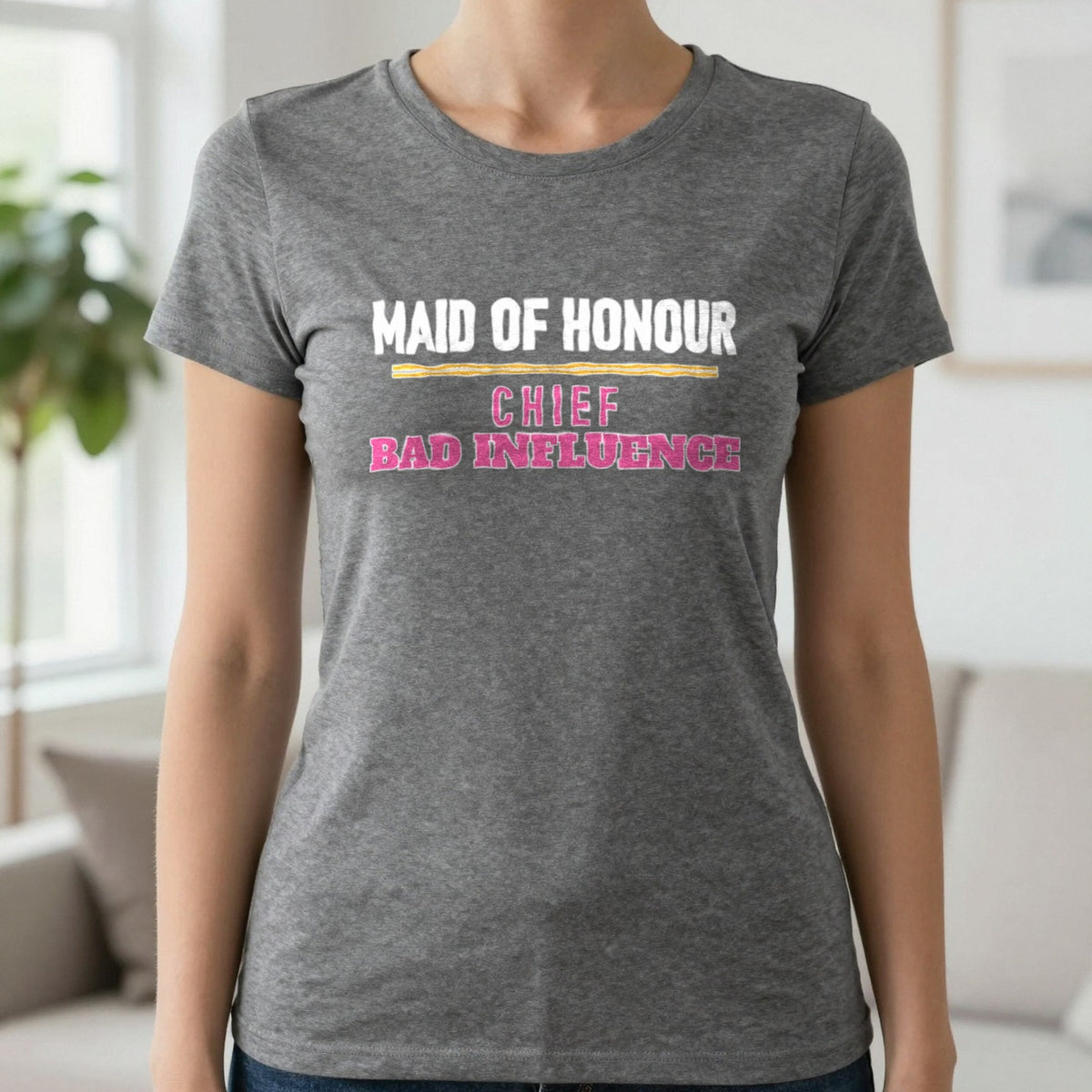 Maid Of Honour Chief Bad Influence Hen Do T-Shirt & Sweatshirt in Charcoal, worn, our photo