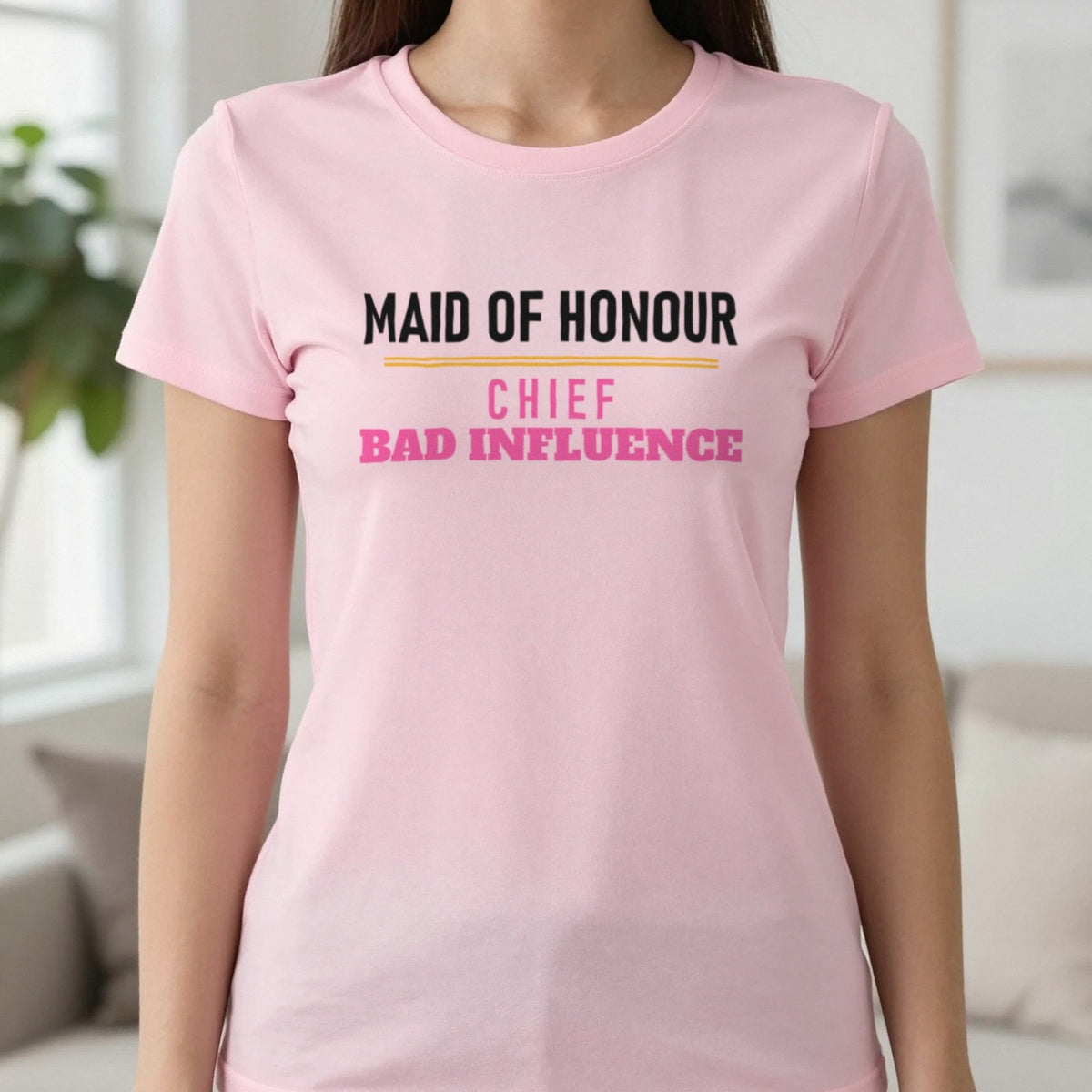 Maid Of Honour Chief Bad Influence Hen Do T-Shirt & Sweatshirt in Light Pink, worn, our photo