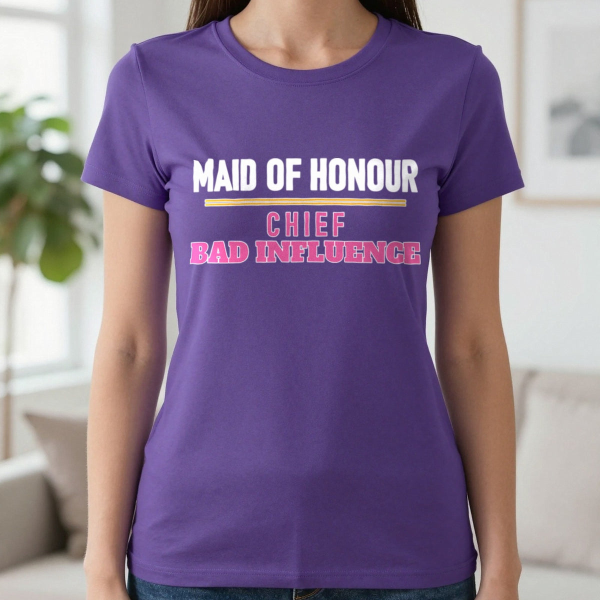 Maid Of Honour Chief Bad Influence Hen Do T-Shirt & Sweatshirt in Purple, worn, our photo