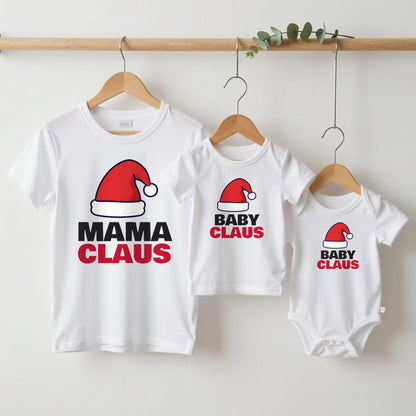 Mama Claus & Baby Claus Christmas Mum and Baby Set matching set grown-up tee, kids tee and baby grow on hangers
