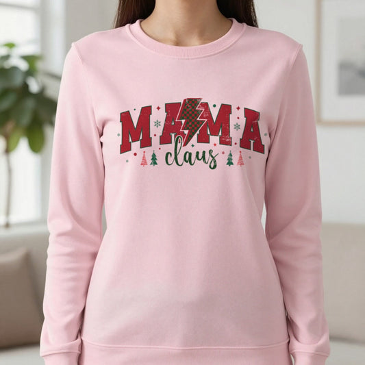 Mama Claus Christmas Sweatshirt in Light Pink, worn, our photo