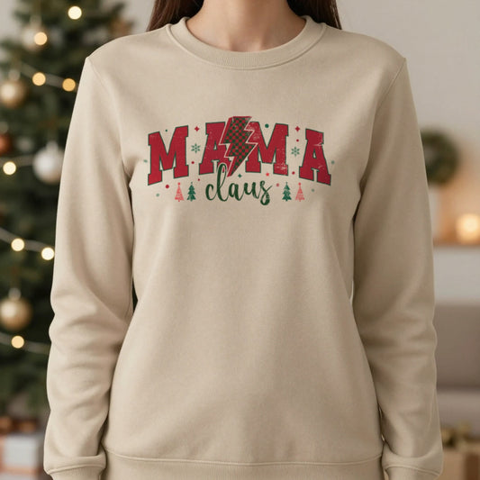 Mama Claus Christmas Sweatshirt in Sand, worn, our photo