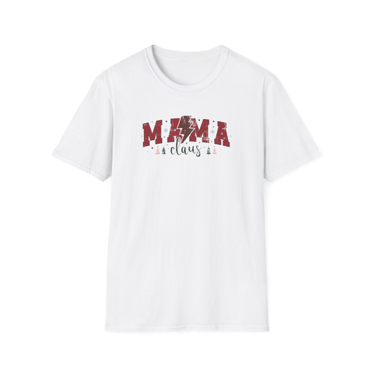 white t-shirt with Mama Claus festive text and holiday graphic