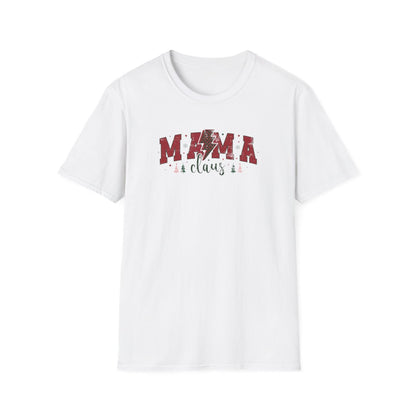white t-shirt with Mama Claus festive text and holiday graphic