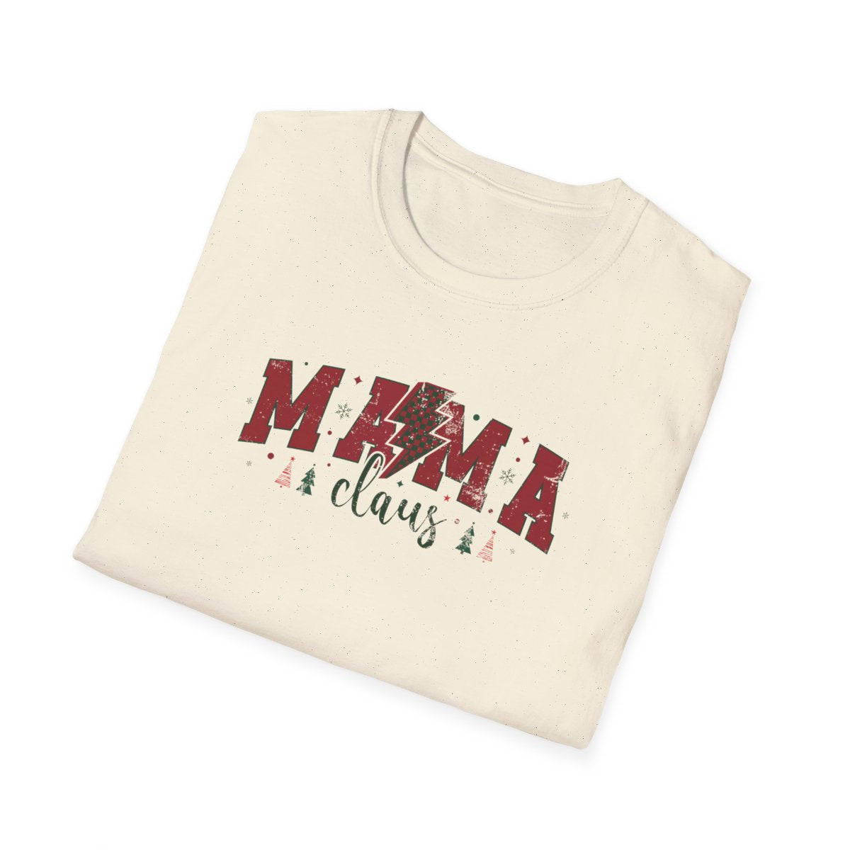 white t-shirt with cosy Mama Claus holiday-themed graphic