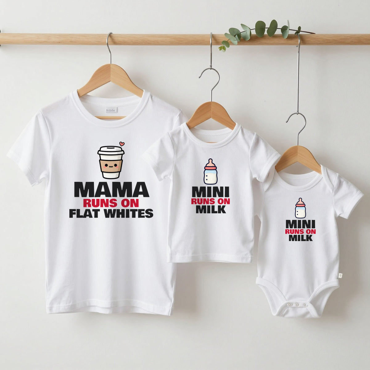 Mama & Mini | Runs on Flat Whites, Runs on Milk matching set grown-up tee, kids tee and baby grow on hangers