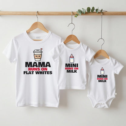 Mama & Mini | Runs on Flat Whites, Runs on Milk matching set grown-up tee, kids tee and baby grow on hangers
