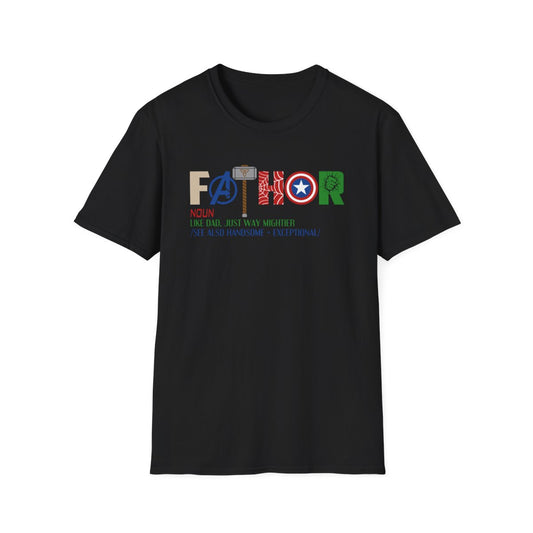 black t-shirt with Marvel inspired father funny superhero dad design