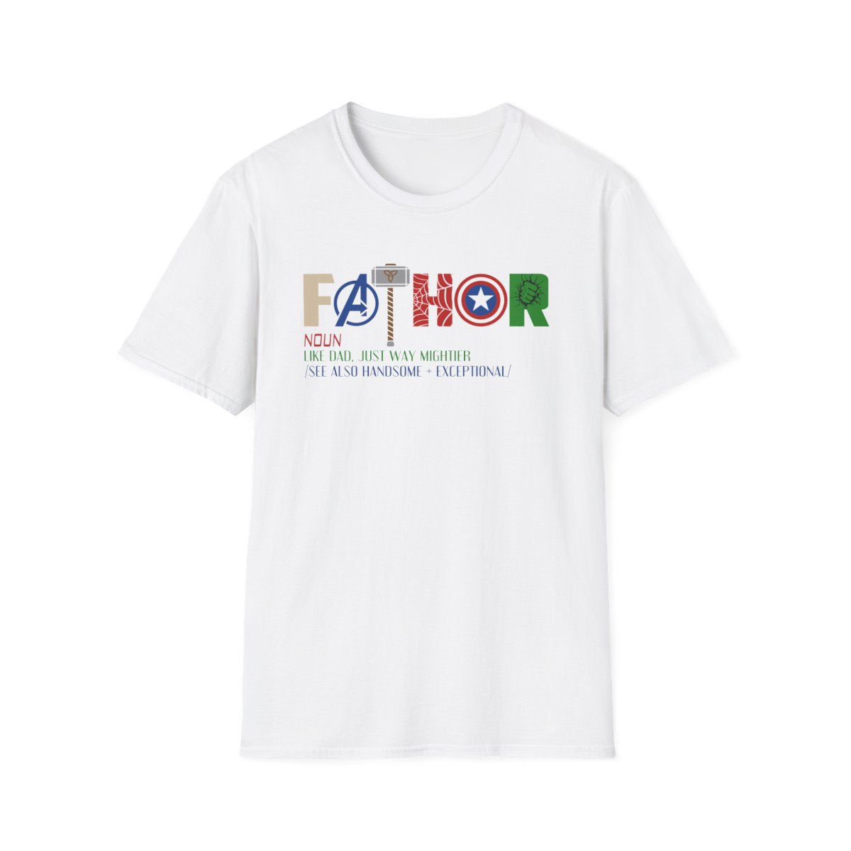 white t-shirt with Marvel inspired father funny superhero dad design