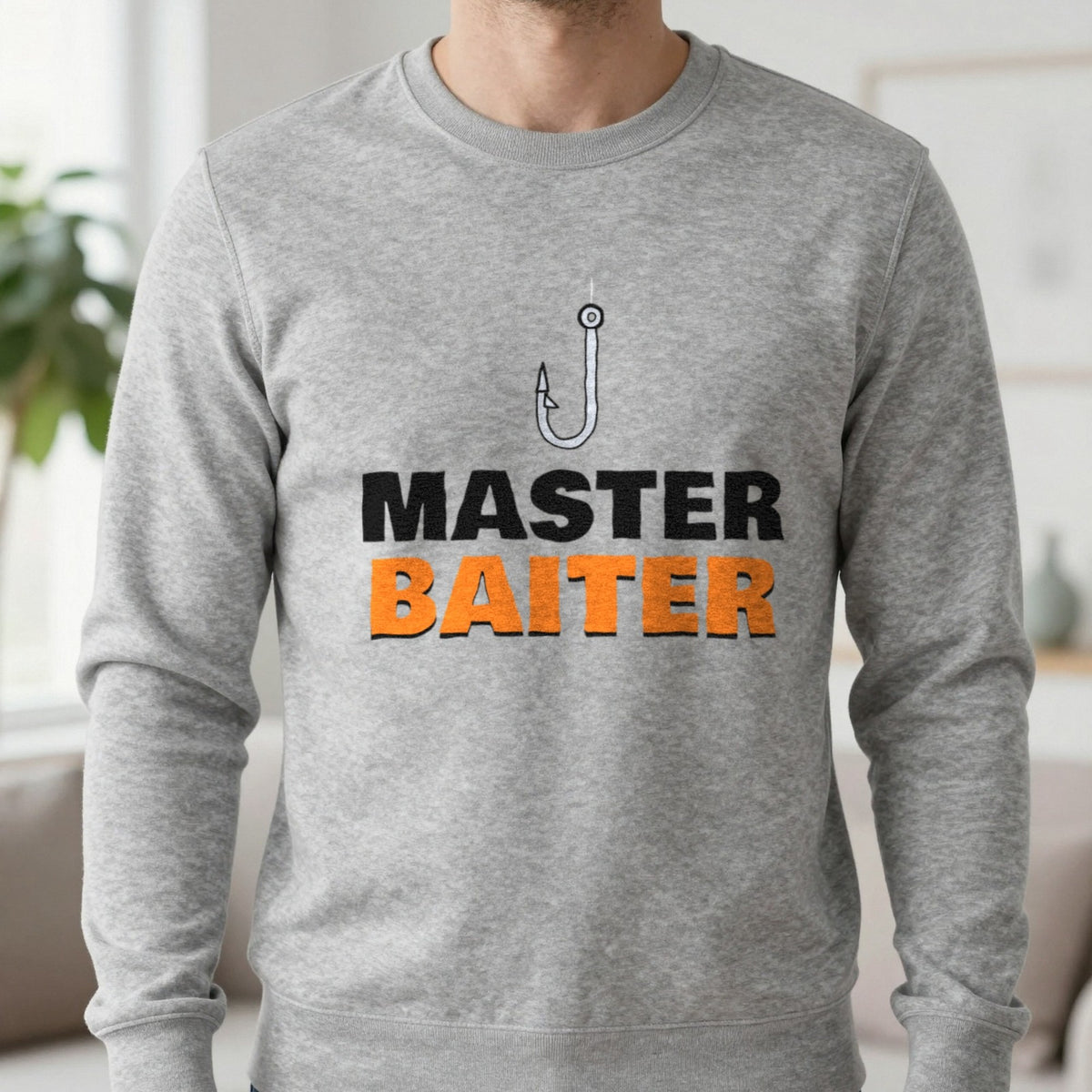Master Baiter Funny Fishing T-Shirt & Sweatshirt in Sport Grey (Sweatshirt), worn, our photo