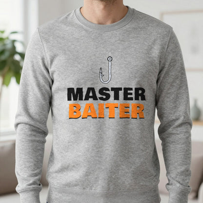 Master Baiter Funny Fishing T-Shirt & Sweatshirt in Sport Grey (Sweatshirt), worn, our photo