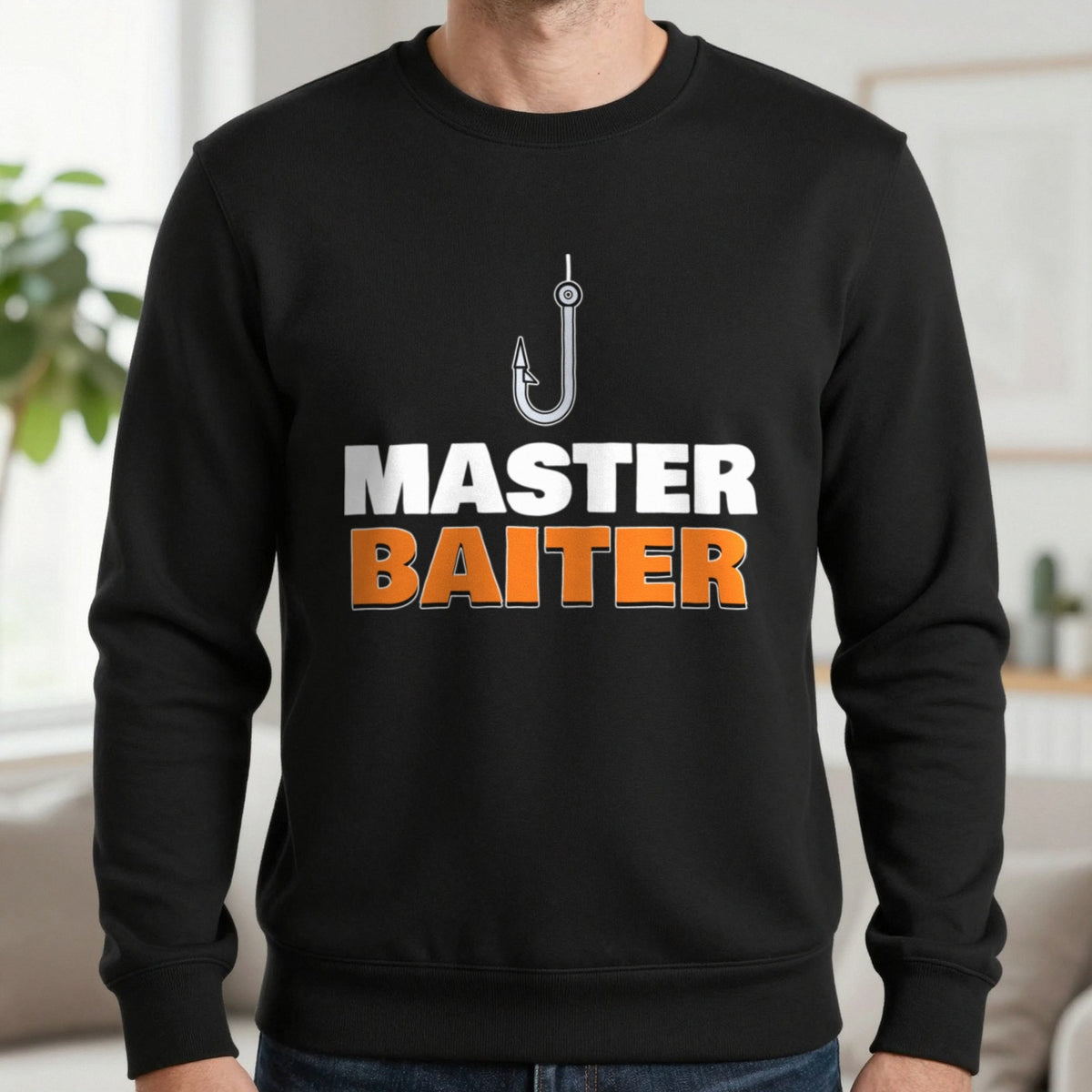 Master Baiter Funny Fishing T-Shirt & Sweatshirt in Black (Sweatshirt), worn, our photo