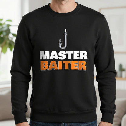 Master Baiter Funny Fishing T-Shirt & Sweatshirt in Black (Sweatshirt), worn, our photo