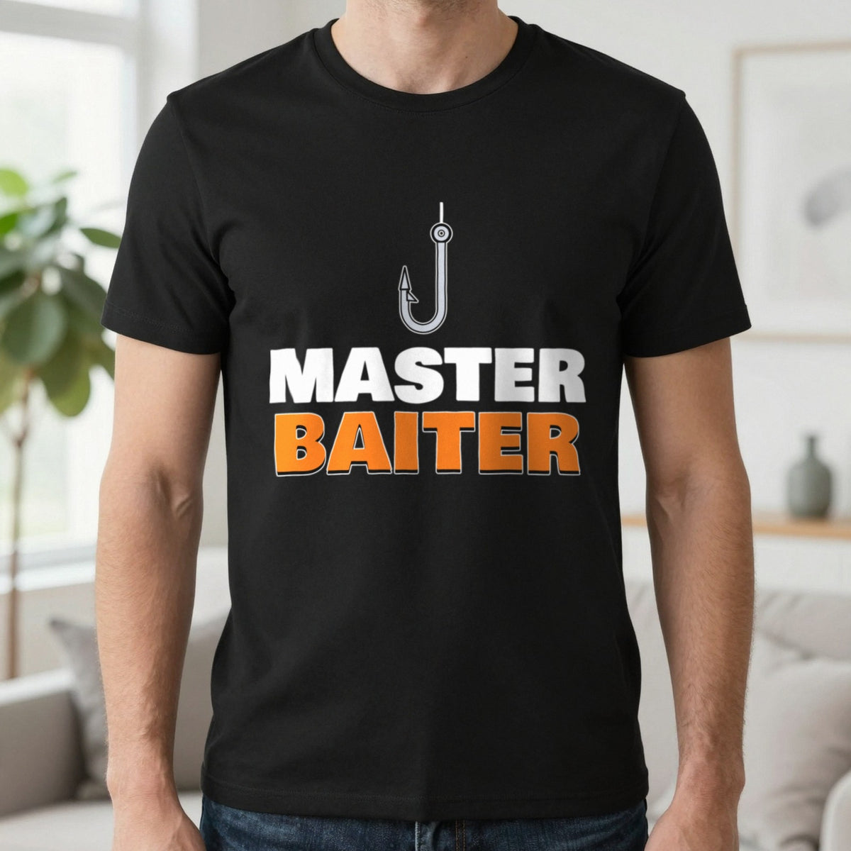 Master Baiter Funny Fishing T-Shirt & Sweatshirt in Black (T-Shirt), worn, our photo