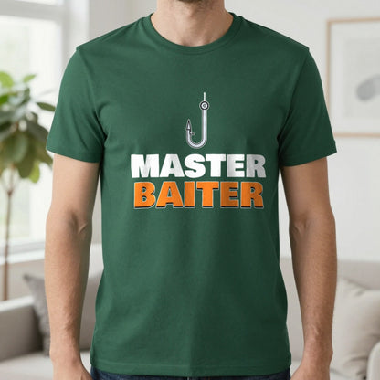 Master Baiter Funny Fishing T-Shirt & Sweatshirt in Forest Green (T-Shirt), worn, our photo