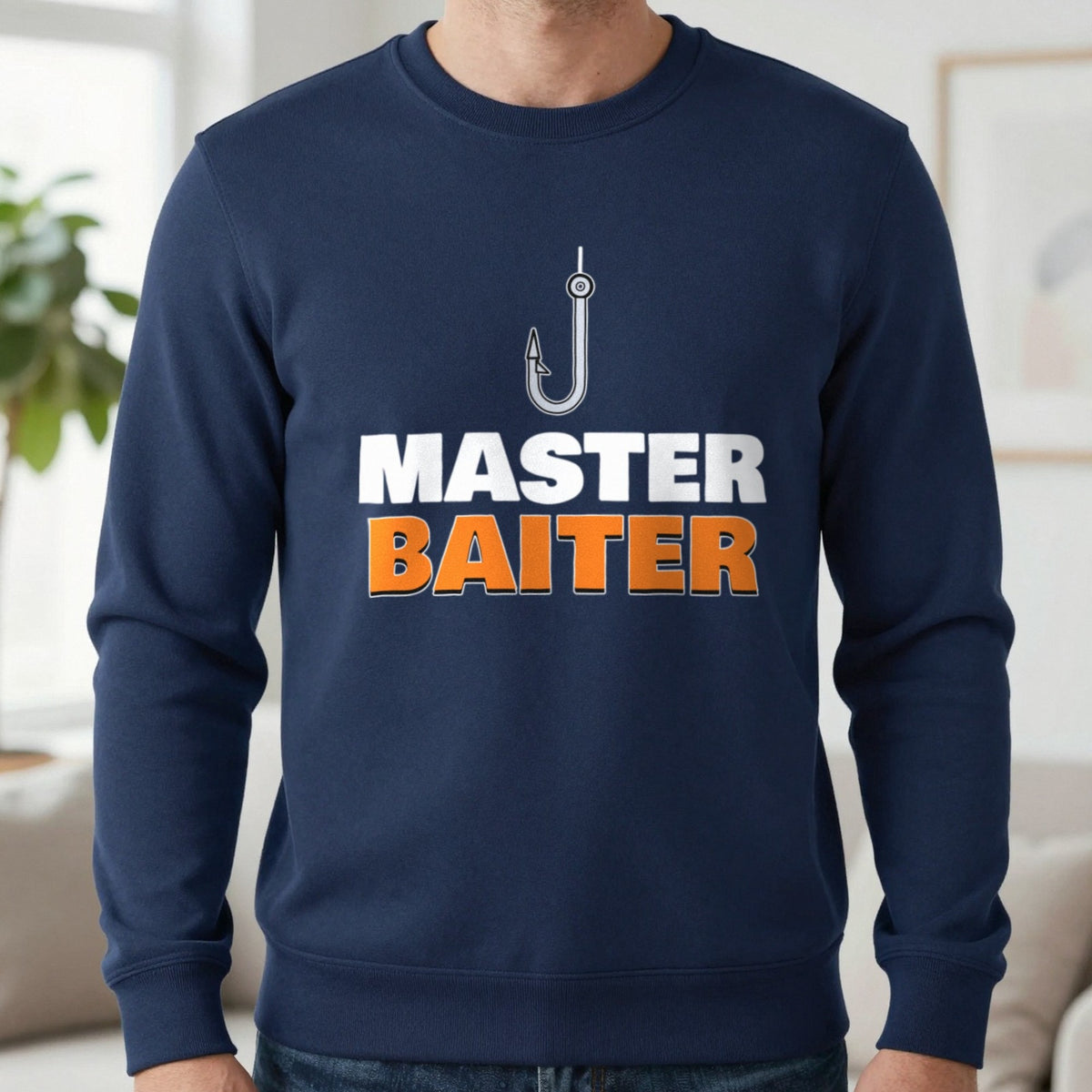 Master Baiter Funny Fishing T-Shirt & Sweatshirt in Navy (Sweatshirt), worn, our photo