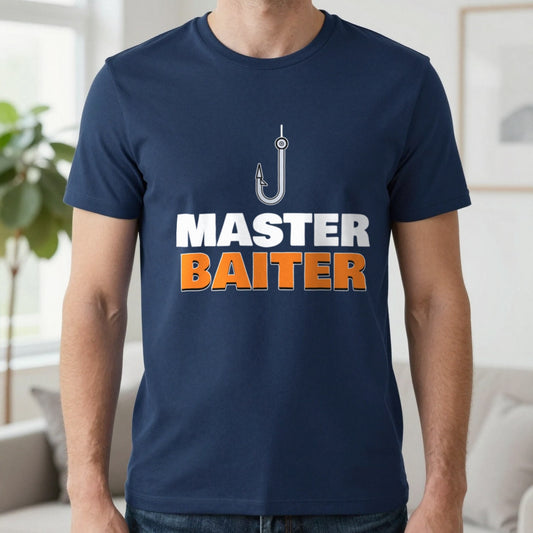 Master Baiter Funny Fishing T-Shirt & Sweatshirt in Navy (T-Shirt), worn, our photo