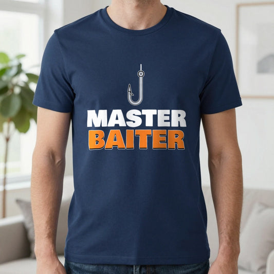Master Baiter Funny Fishing T-Shirt & Sweatshirt in Navy (T-Shirt), worn, our photo