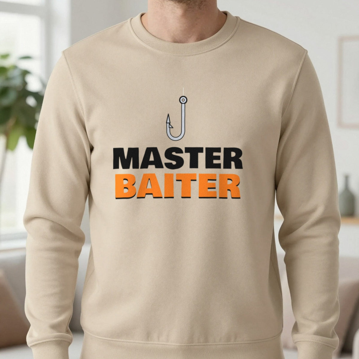 Master Baiter Funny Fishing T-Shirt & Sweatshirt in Sand (Sweatshirt), worn, our photo