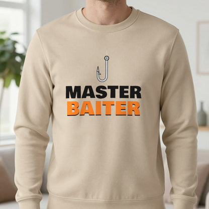 Master Baiter Funny Fishing T-Shirt & Sweatshirt in Sand (Sweatshirt), worn, our photo