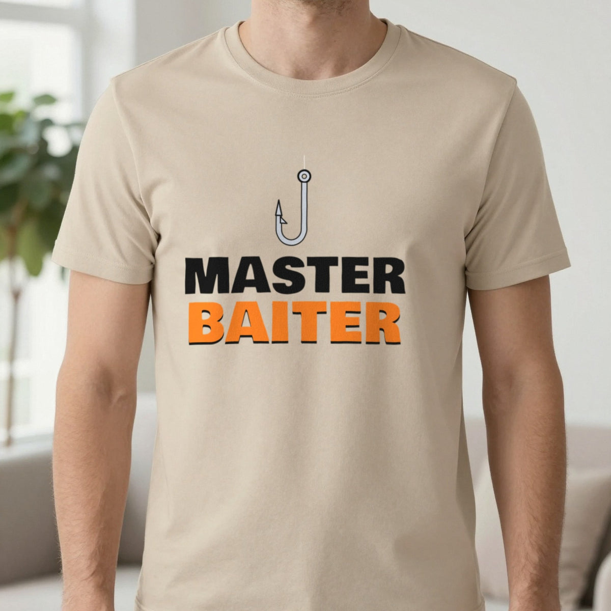 Master Baiter Funny Fishing T-Shirt & Sweatshirt in Sand (T-Shirt), worn, our photo