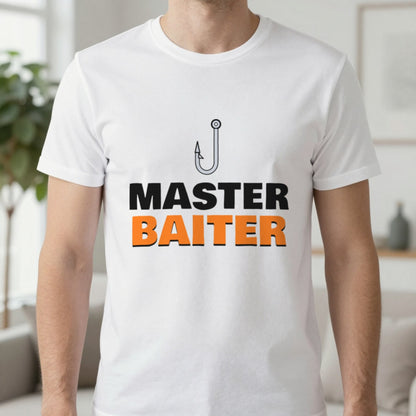 Master Baiter Funny Fishing T-Shirt & Sweatshirt in White (T-Shirt), worn, our photo