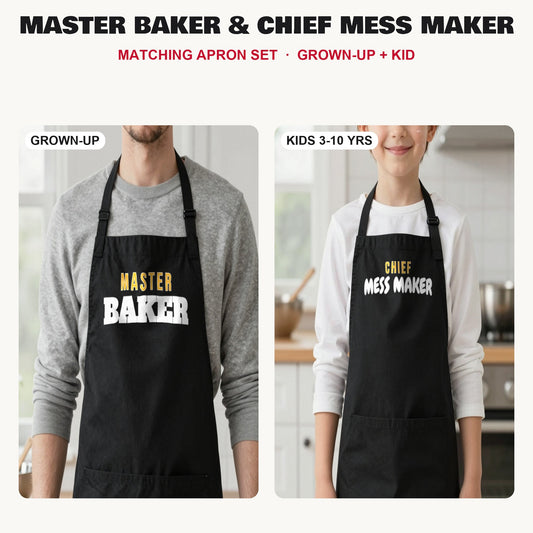 Master Baker & Chief Mess Maker matching apron set in Black: grown-up and kids aprons, our photo