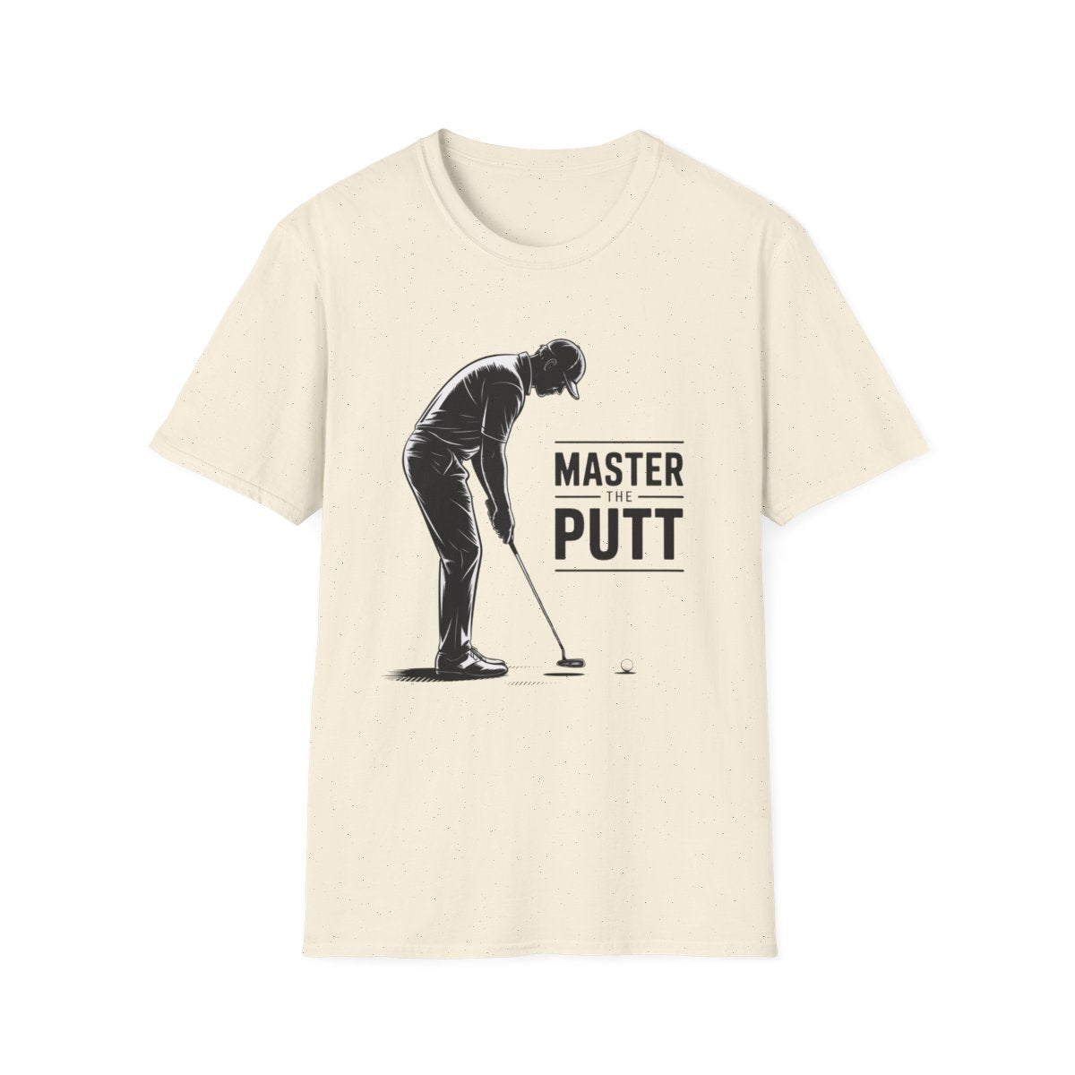 white t-shirt with master the putt graphic tee design for golfers