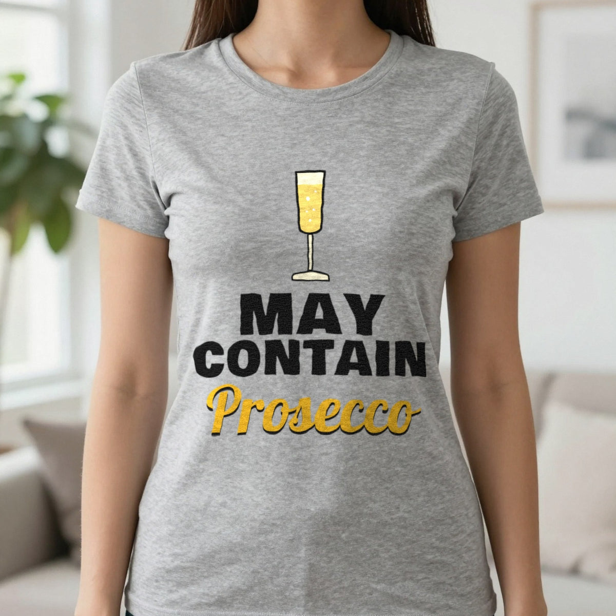 May Contain Prosecco Funny T-Shirt & Sweatshirt in Sport Grey (T-Shirt), worn, our photo