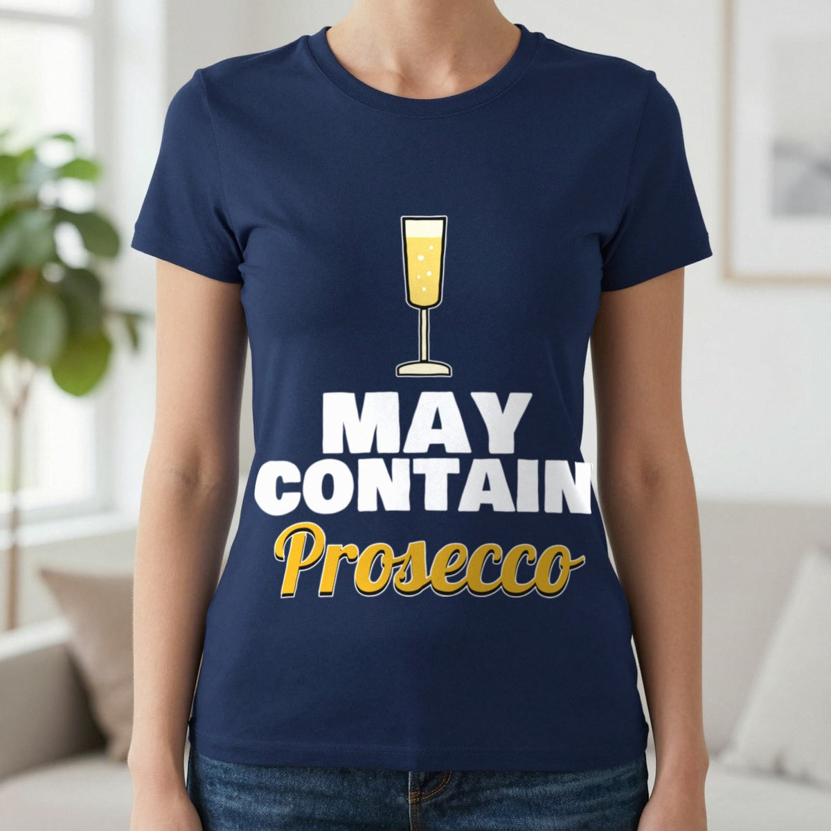May Contain Prosecco Funny T-Shirt & Sweatshirt in Navy (T-Shirt), worn, our photo