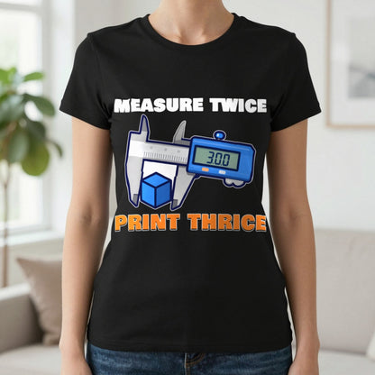 Measure Twice Print Thrice Funny 3D Printing T-Shirt & Sweatshirt in Black (T-Shirt), worn, our photo