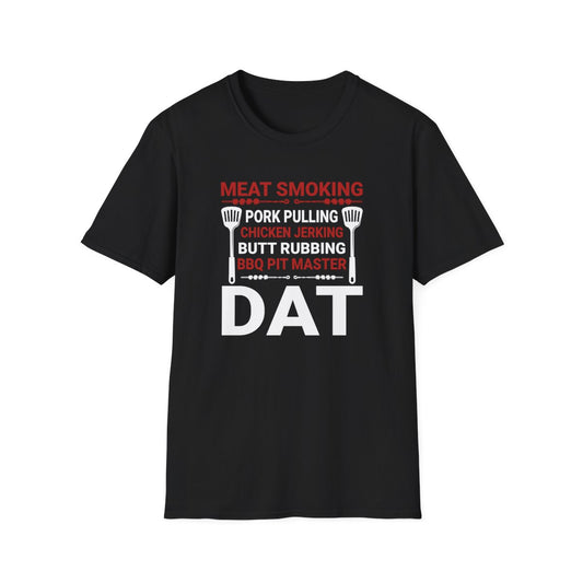 black t-shirt with meat smoking pork pulling BBQ pit master dad funny design
