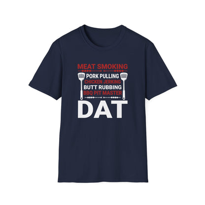 navy t-shirt with funny BBQ pit master pork smoking design