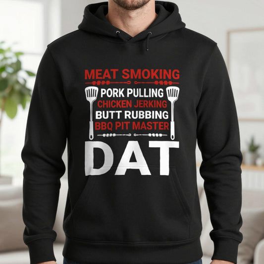 Meat Smoking Pork Pulling BBQ Pit Master Hoodie in Black, worn, our photo