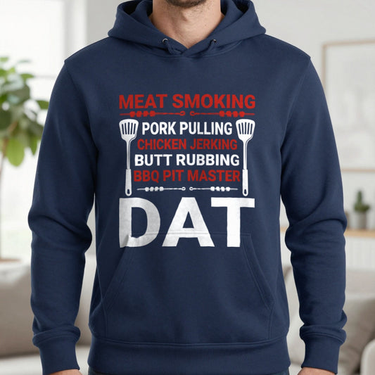 Meat Smoking Pork Pulling BBQ Pit Master Hoodie in Navy, worn, our photo