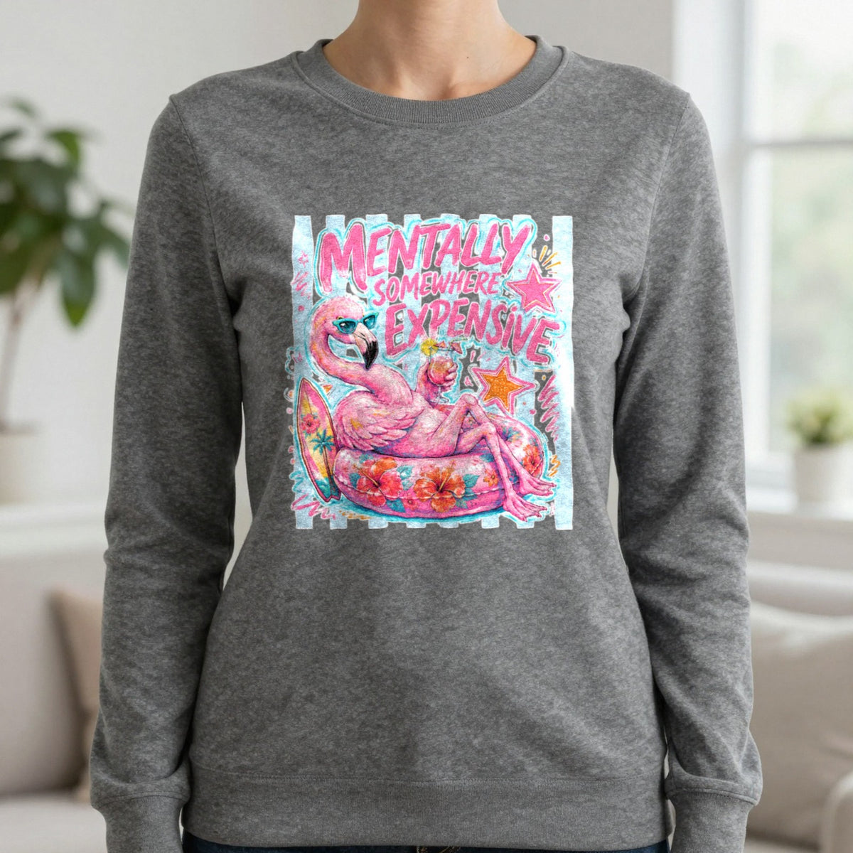 Mentally Somewhere Expensive T-Shirt & Sweatshirt in Charcoal, worn, our photo