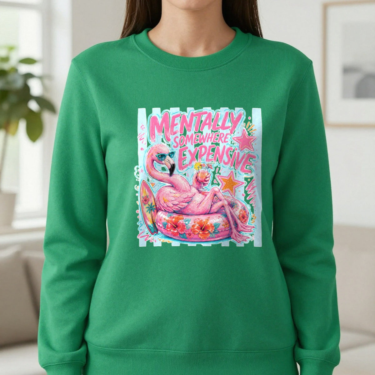 Mentally Somewhere Expensive T-Shirt & Sweatshirt in Irish Green, worn, our photo