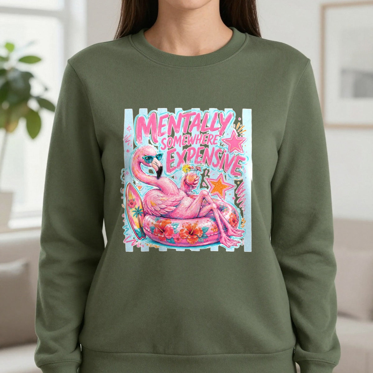 Mentally Somewhere Expensive T-Shirt & Sweatshirt in Military Green, worn, our photo