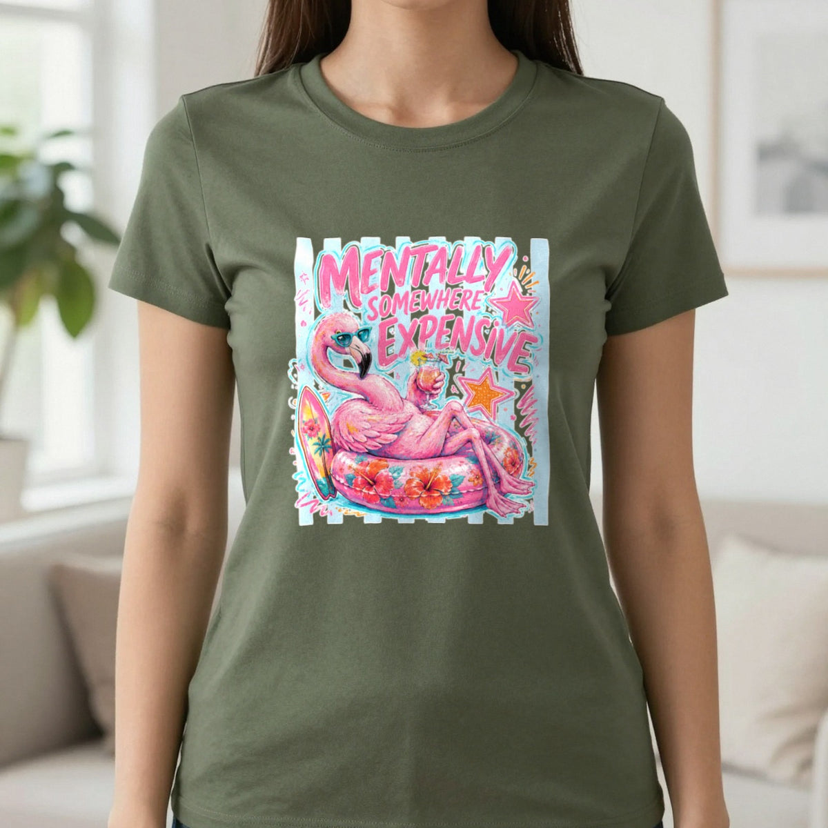 Mentally Somewhere Expensive T-Shirt & Sweatshirt in Military Green, worn, our photo