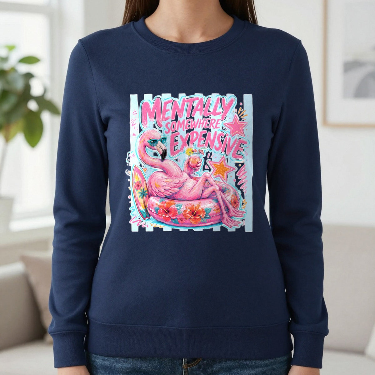 Mentally Somewhere Expensive T-Shirt & Sweatshirt in Navy, worn, our photo