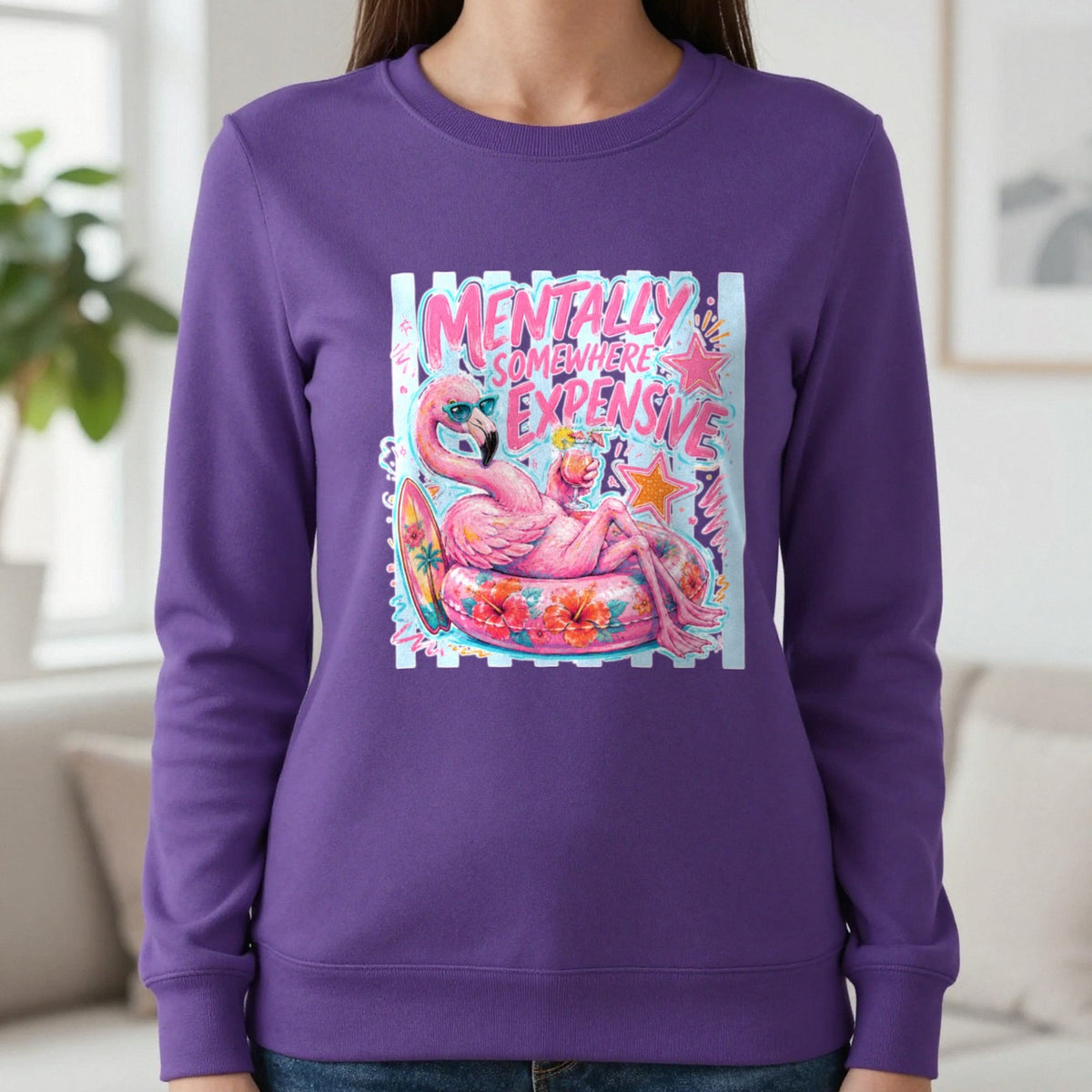 Mentally Somewhere Expensive T-Shirt & Sweatshirt in Purple, worn, our photo