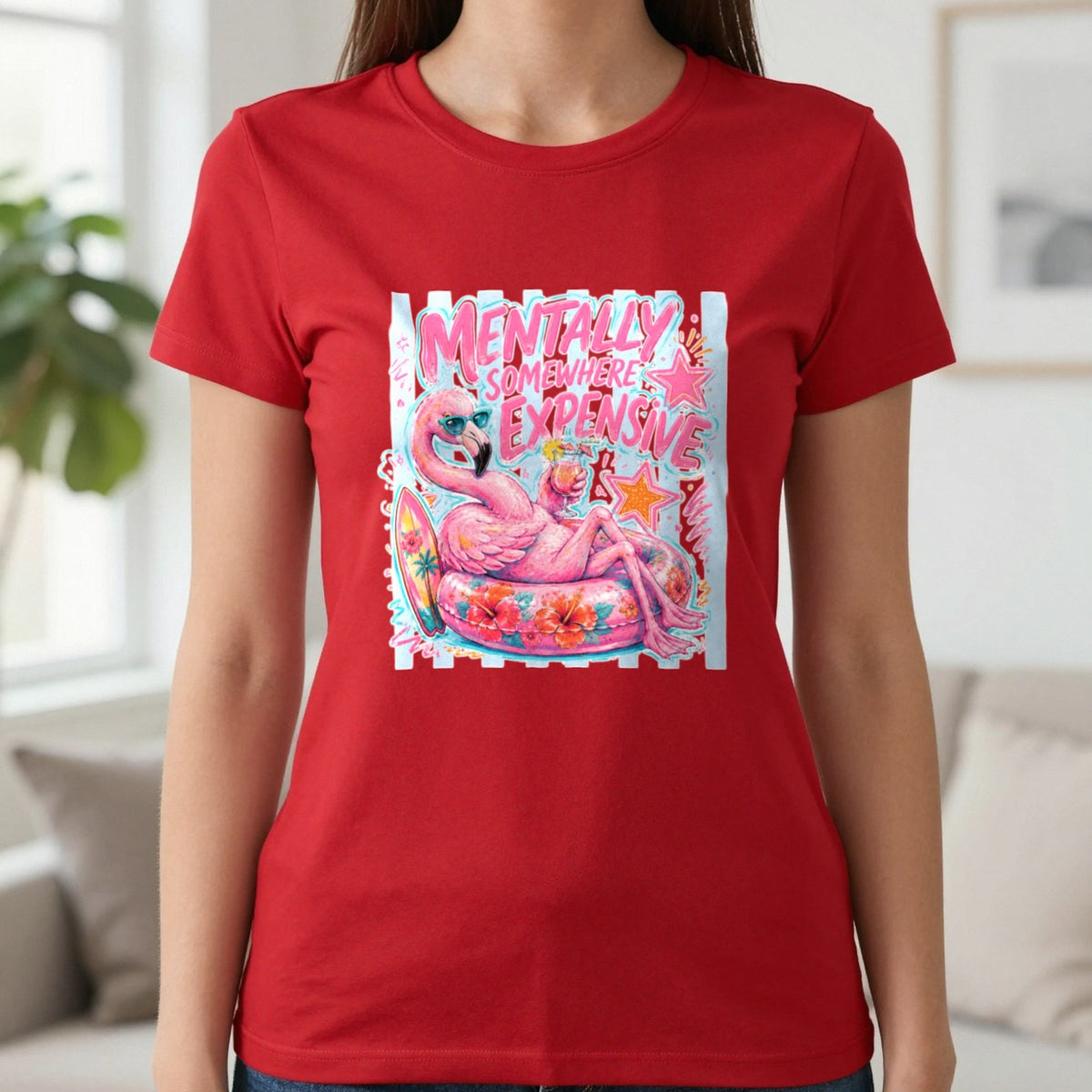 Mentally Somewhere Expensive T-Shirt & Sweatshirt in Red, worn, our photo