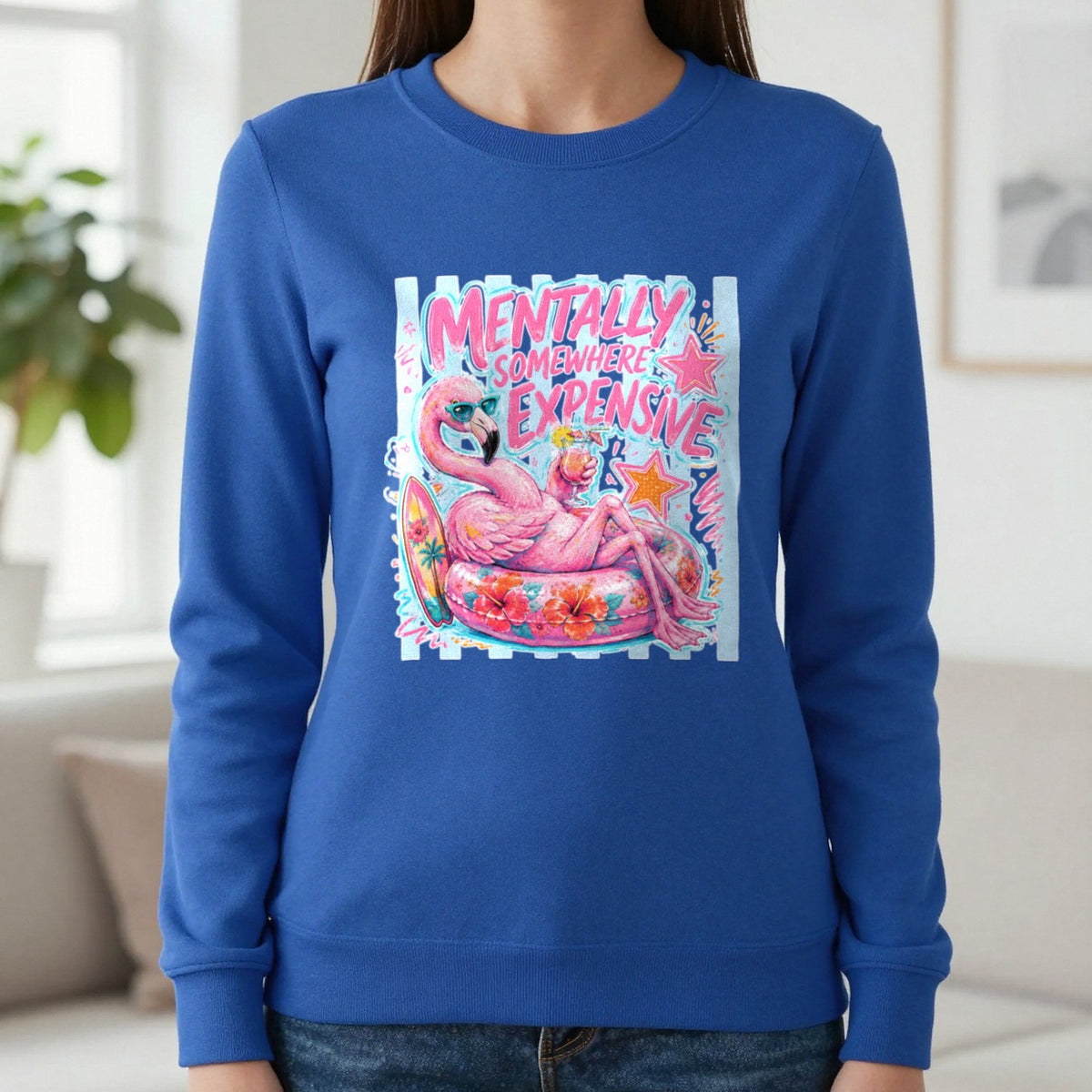 Mentally Somewhere Expensive T-Shirt & Sweatshirt in Royal, worn, our photo