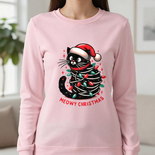 Meowy Christmas Cat Sweatshirt in Light Pink, worn, our photo