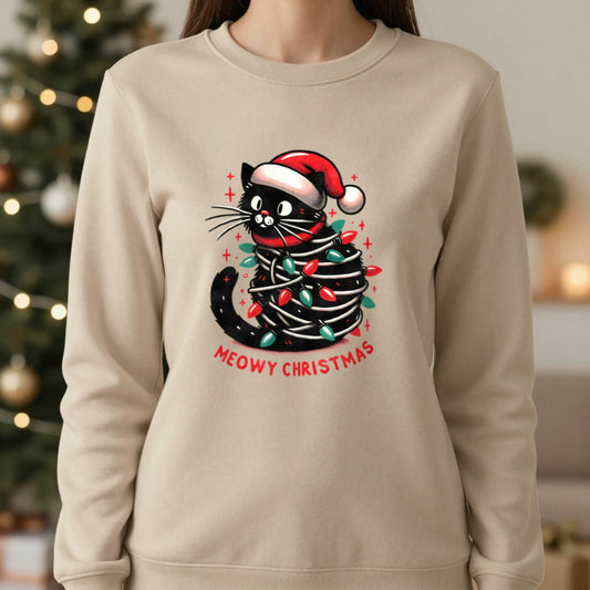 Meowy Christmas Cat Sweatshirt in Sand, worn, our photo