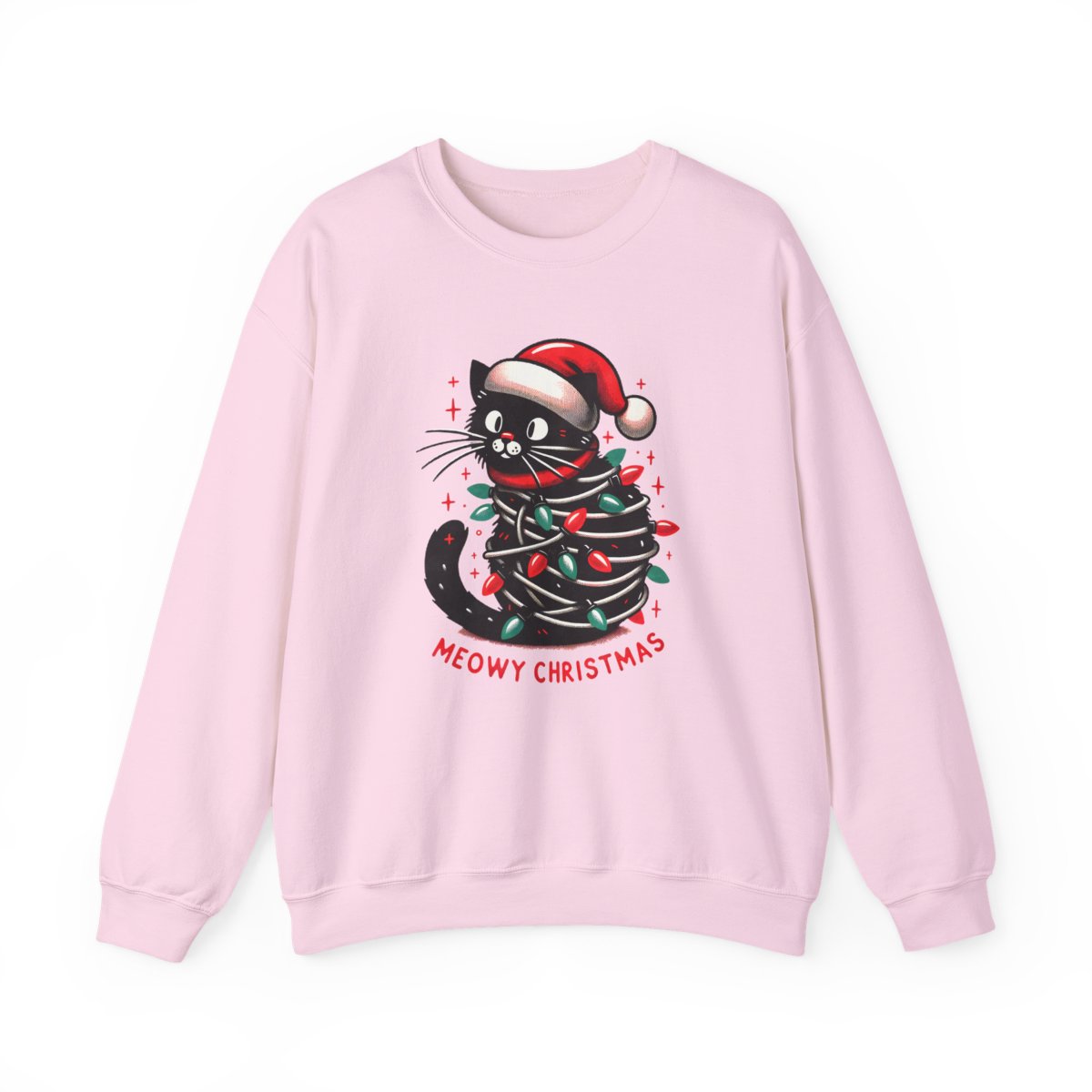 white sweatshirt with meowy christmas cat festive design