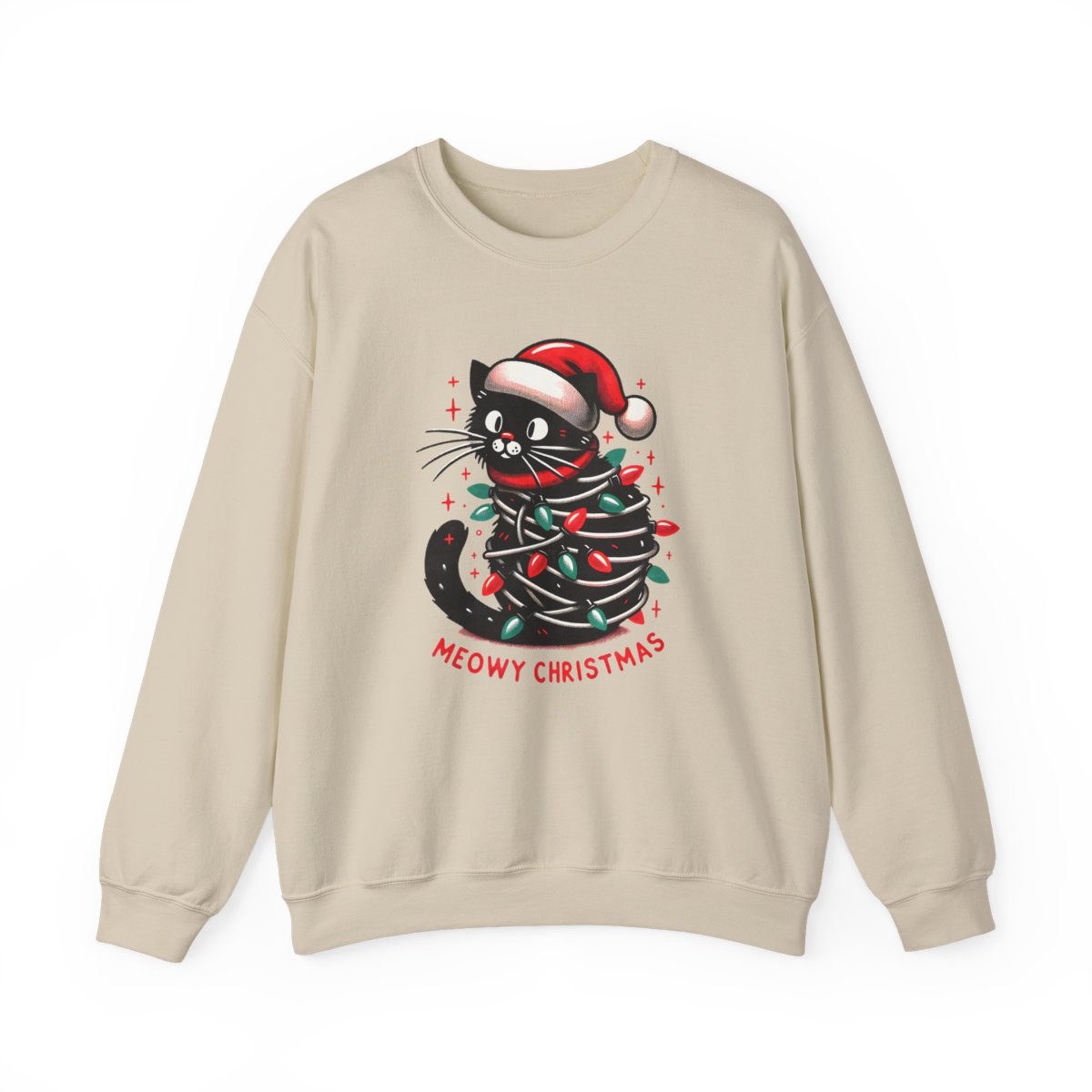 sand sweatshirt with meowy christmas cat graphic print